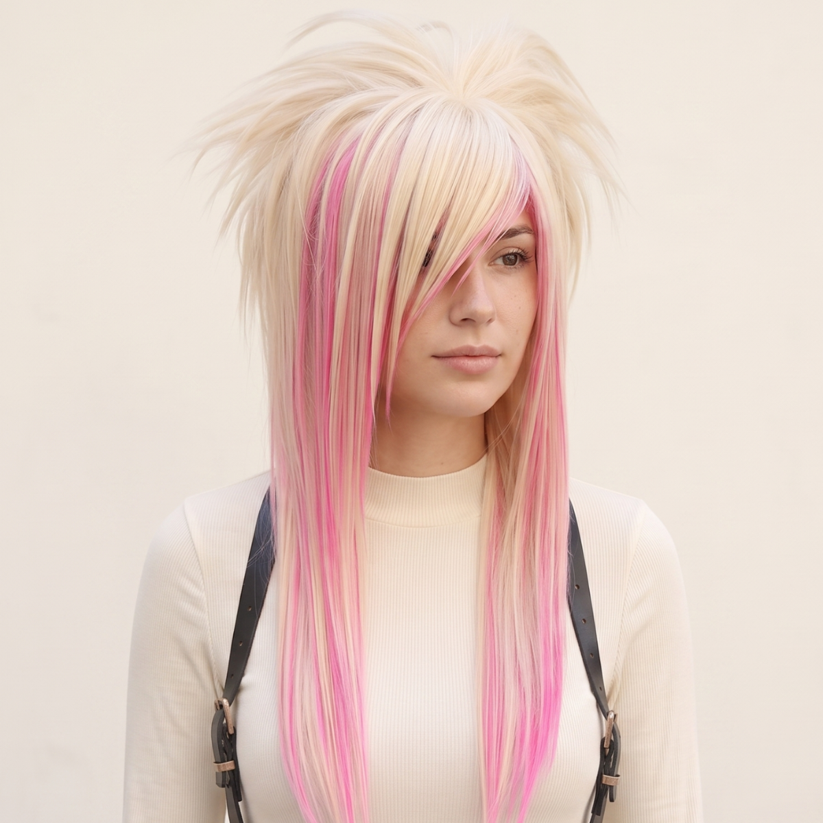 Blonde and pastel pink scene wig with long layers, side-swept bangs and teased crown volume