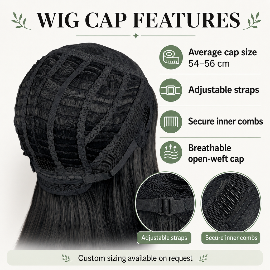 Inside view of a synthetic wig cap. Adjustable elastic band and secure fit with breathable mesh design. Custom sizing available upon request. Comfortable and lightweight for all-day wear. Suitable for cosplay, fashion, and medical hair loss wigs.