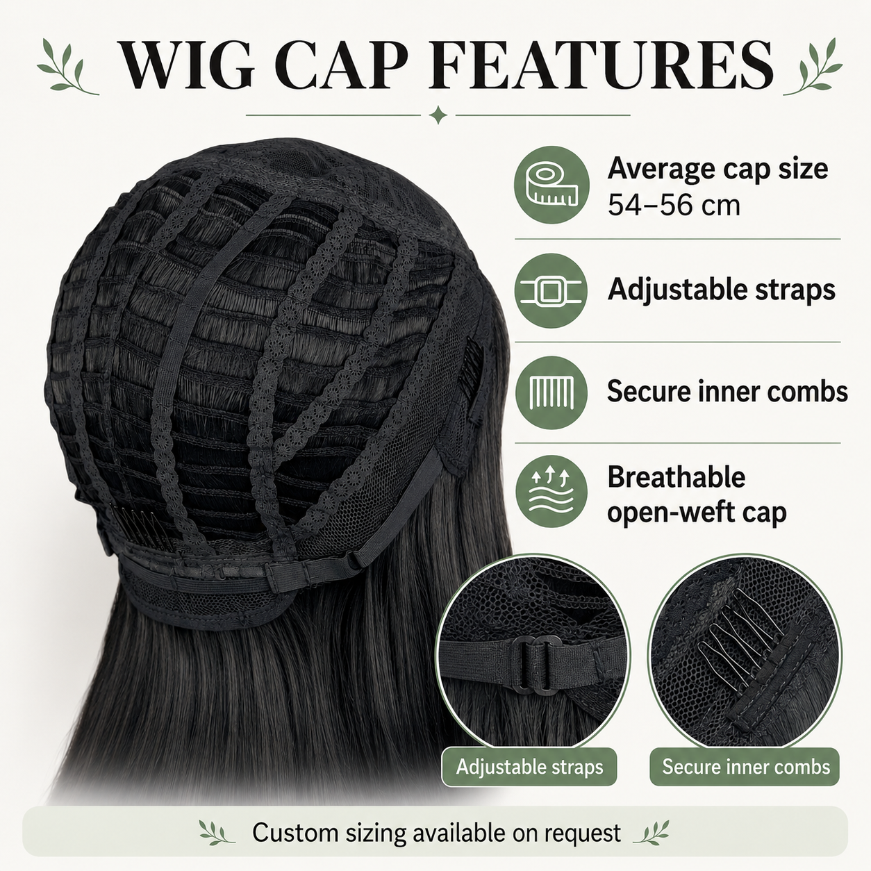 Inside view of a synthetic wig cap. Adjustable elastic band and secure fit with breathable mesh design. Custom sizing available upon request. Comfortable and lightweight for all-day wear. Suitable for cosplay, fashion, and medical hair loss wigs.