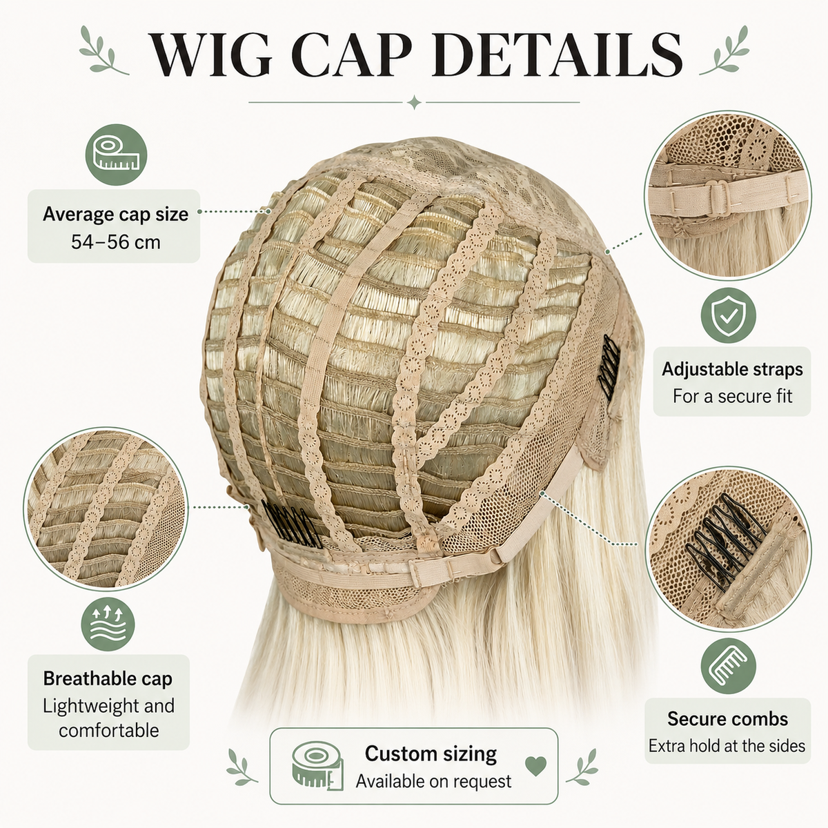 Inside view of a synthetic wig cap. Adjustable elastic band and secure fit with breathable mesh design. Custom sizing available upon request. Comfortable and lightweight for all-day wear. Suitable for cosplay, fashion, and medical hair loss wigs.