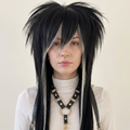 Black blonde emo scene wig with side-swept bangs, long layered black hair, and blonde face-framing highlights