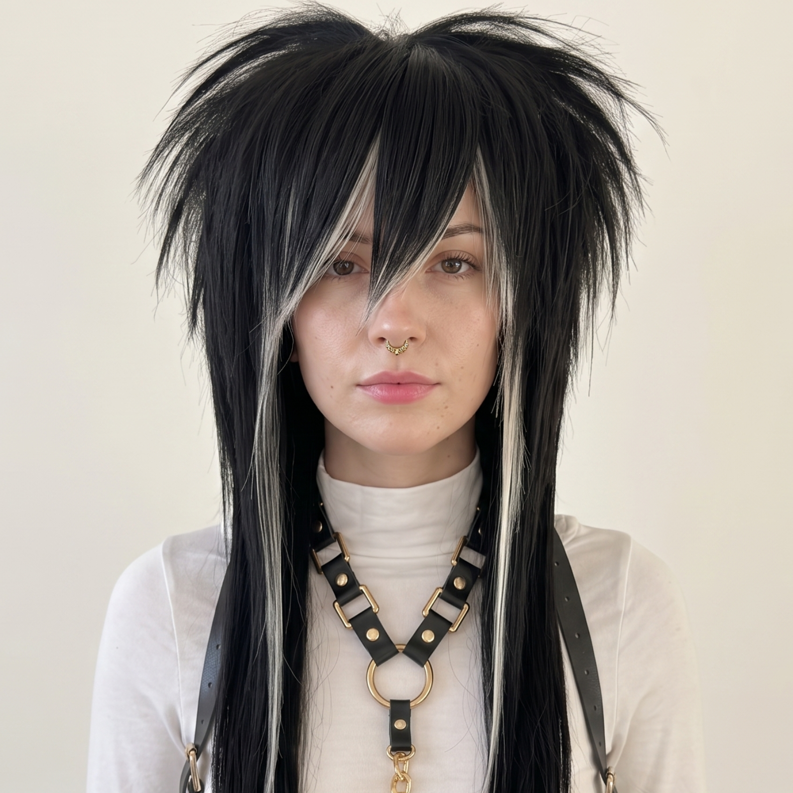 Black blonde emo scene wig with side-swept bangs, long layered black hair, and blonde face-framing highlights