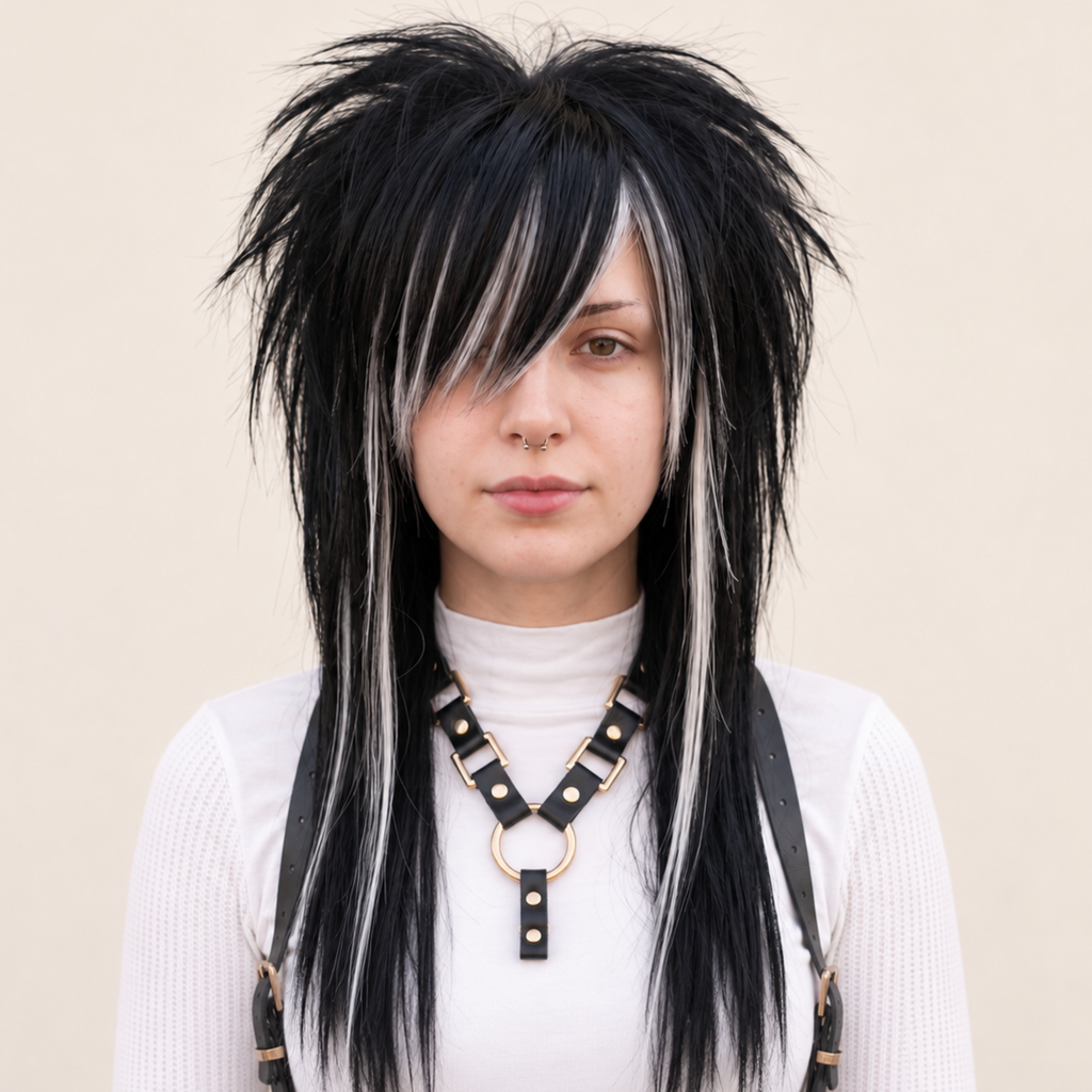 Front view of black and blonde skunk stripe emo wig with spiky layered crown and long straight lengths.