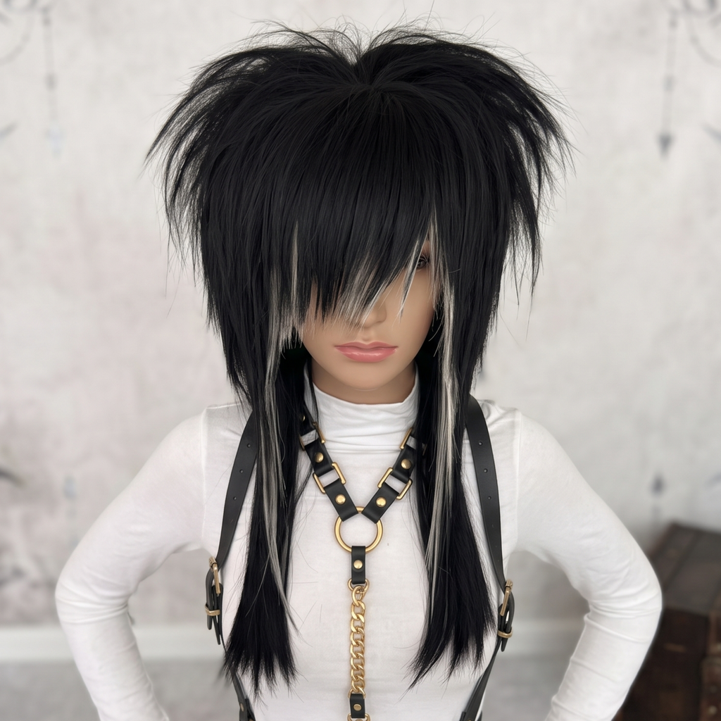 Top closed up view of black blonde alternative scene wig on mannequin with dramatic side fringe, long layers, and spiky volume.