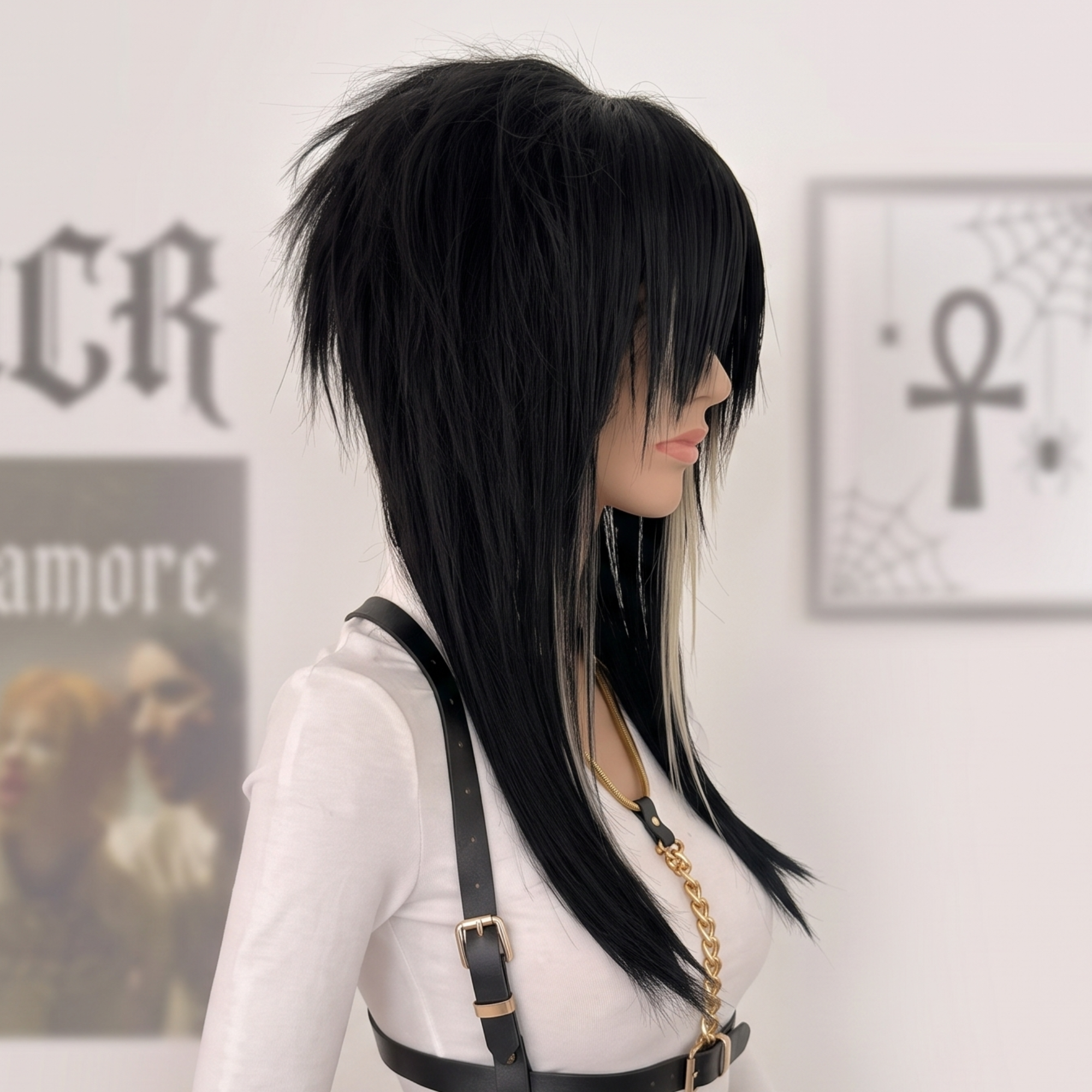 Side view of black blonde long layered wig showing spiky crown, face-framing blonde highlights, and straight lengths.