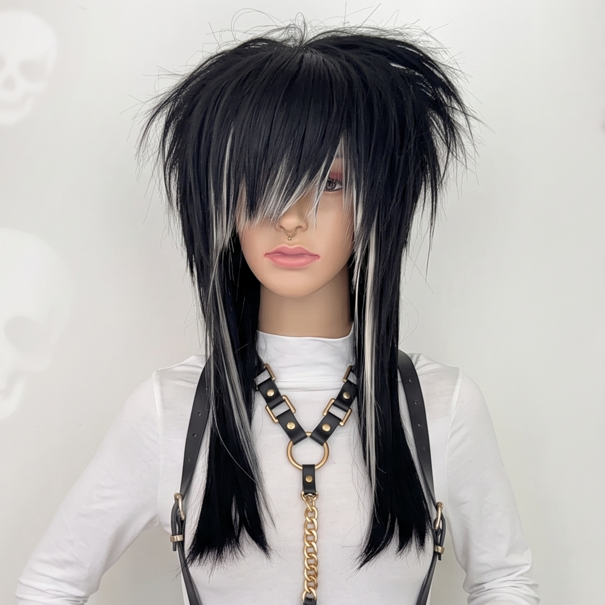 Black blonde alternative scene wig on mannequin with dramatic side fringe, long layers, and spiky volume.