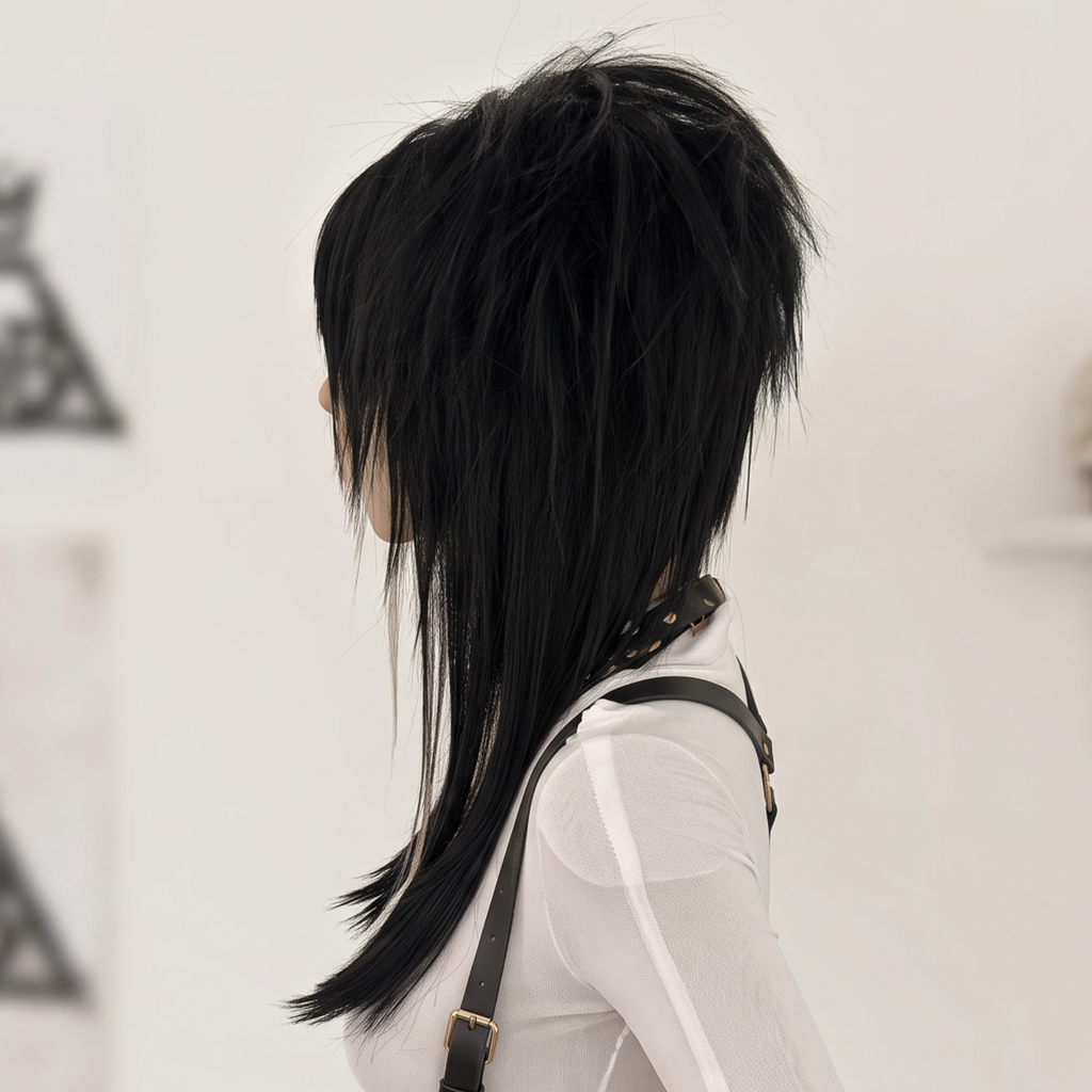 Black and blonde scene wig side profile with long layered cut, side bangs, and alternative gothic styling.