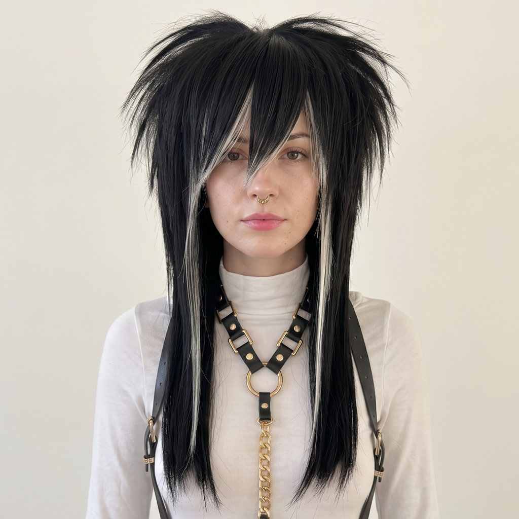 Front view of black and blonde skunk stripe emo wig with spiky layered crown and long straight lengths.