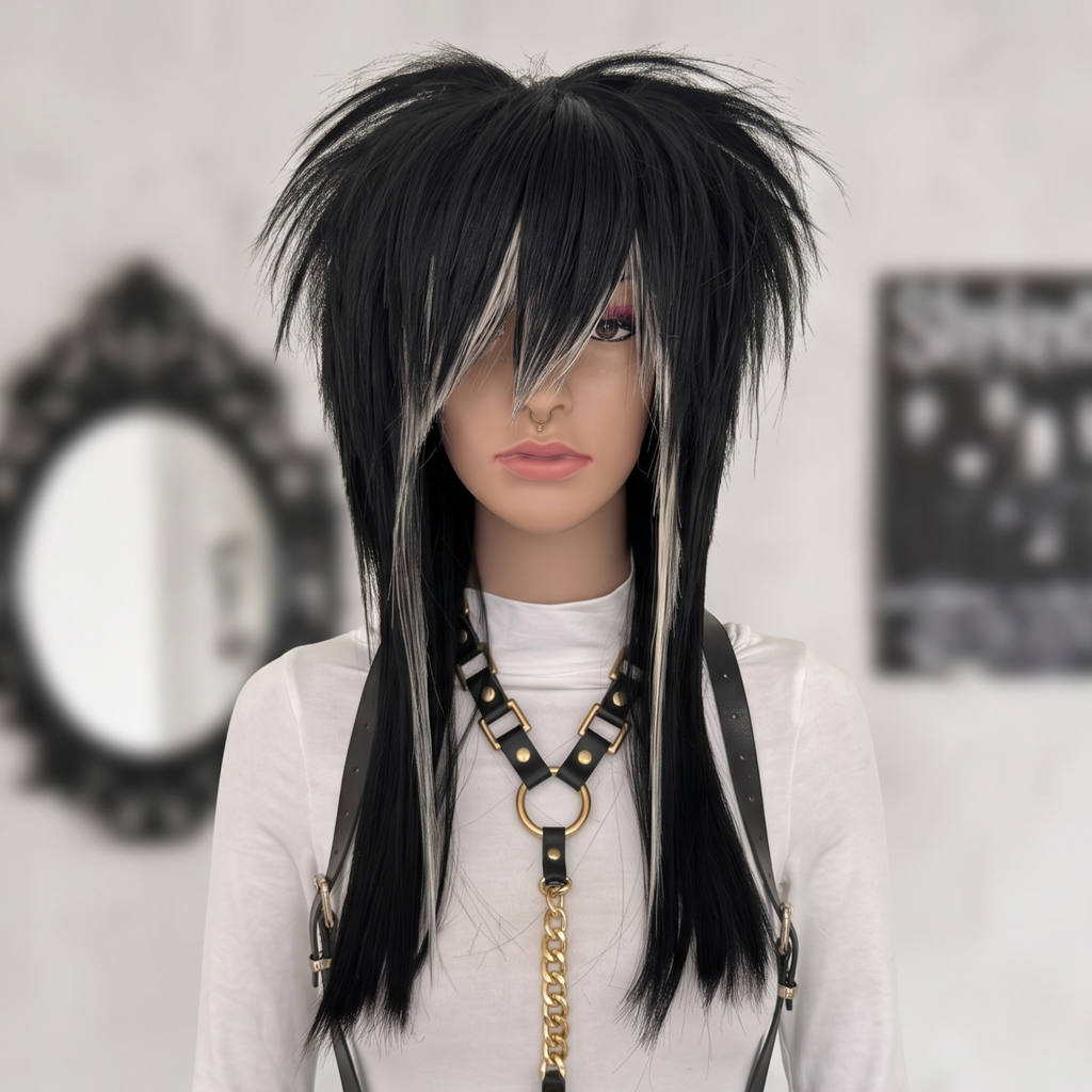 Front view of black and blonde skunk stripe emo wig with spiky layered crown and long straight lengths.