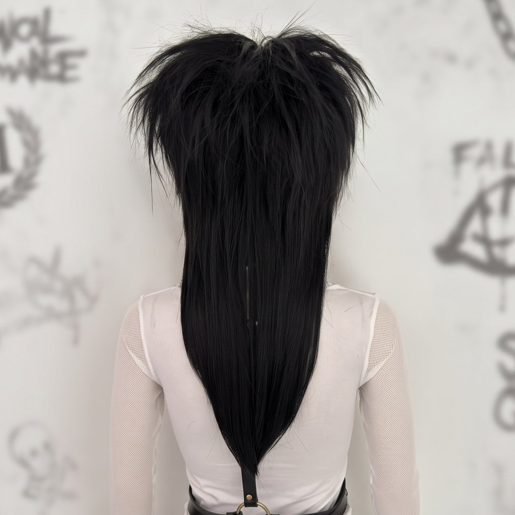 Back view of long black emo scene wig with spiky layered crown and tapered straight back length.