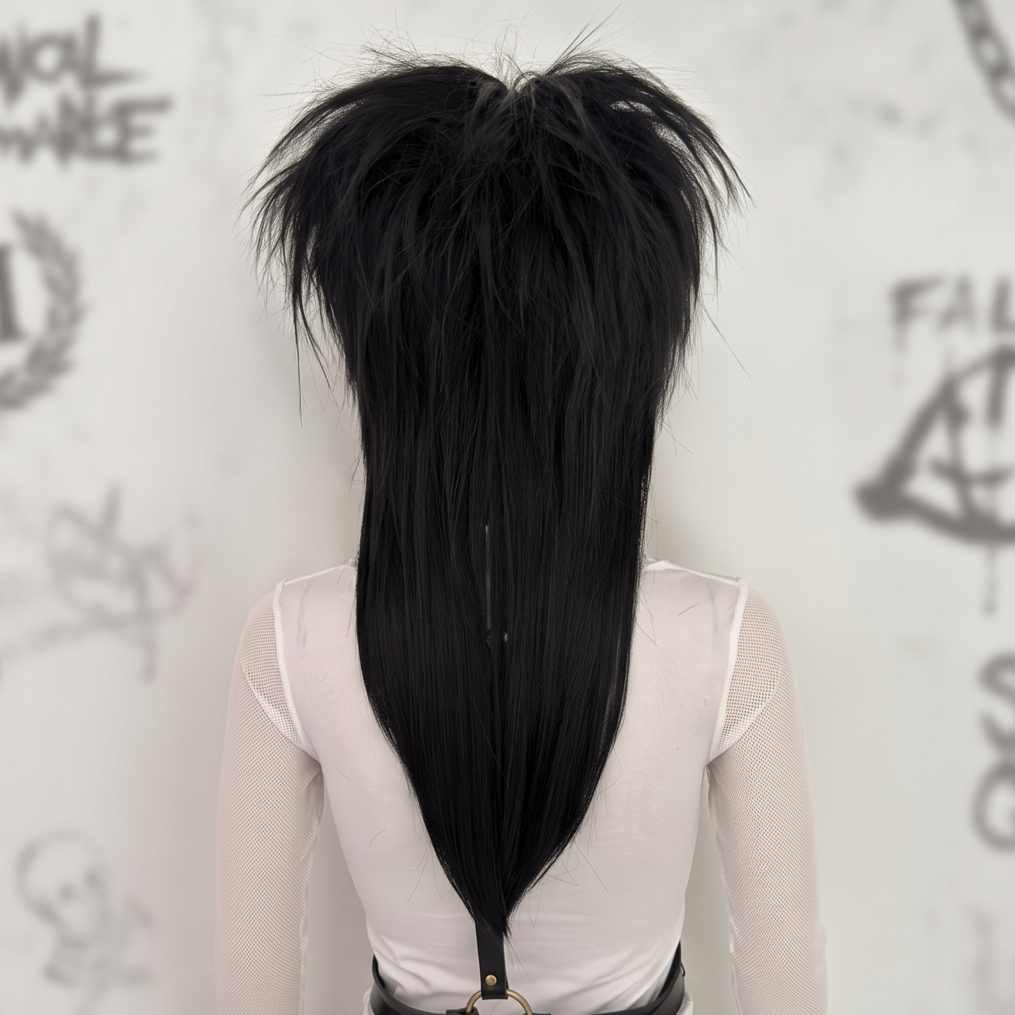 Back view of long black emo scene wig with spiky layered crown and tapered straight back length.