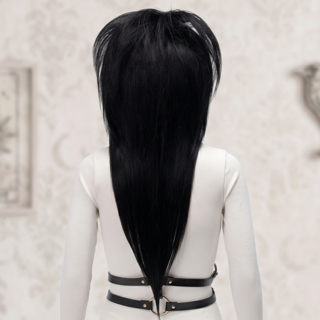 Back view of a black long layered emo scene wig showing the length, tapered shape and full coverage.