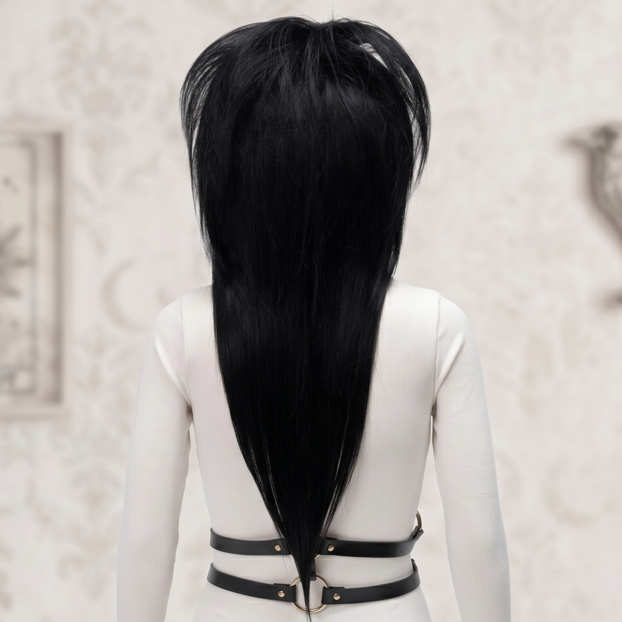 Back view of a black long layered emo scene wig showing the length, tapered shape and full coverage.