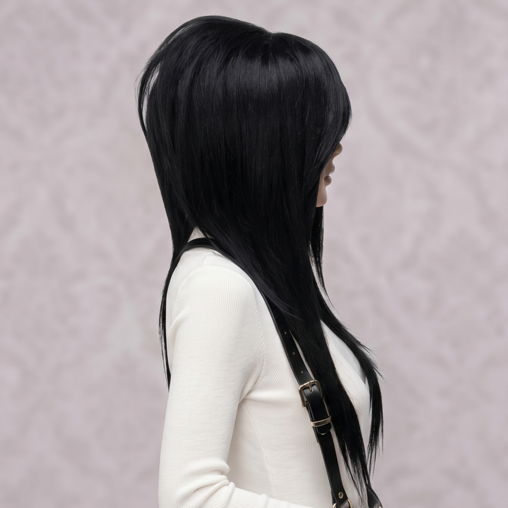 Side profile of a black long layered emo wig with side bangs and sleek straight synthetic hair.