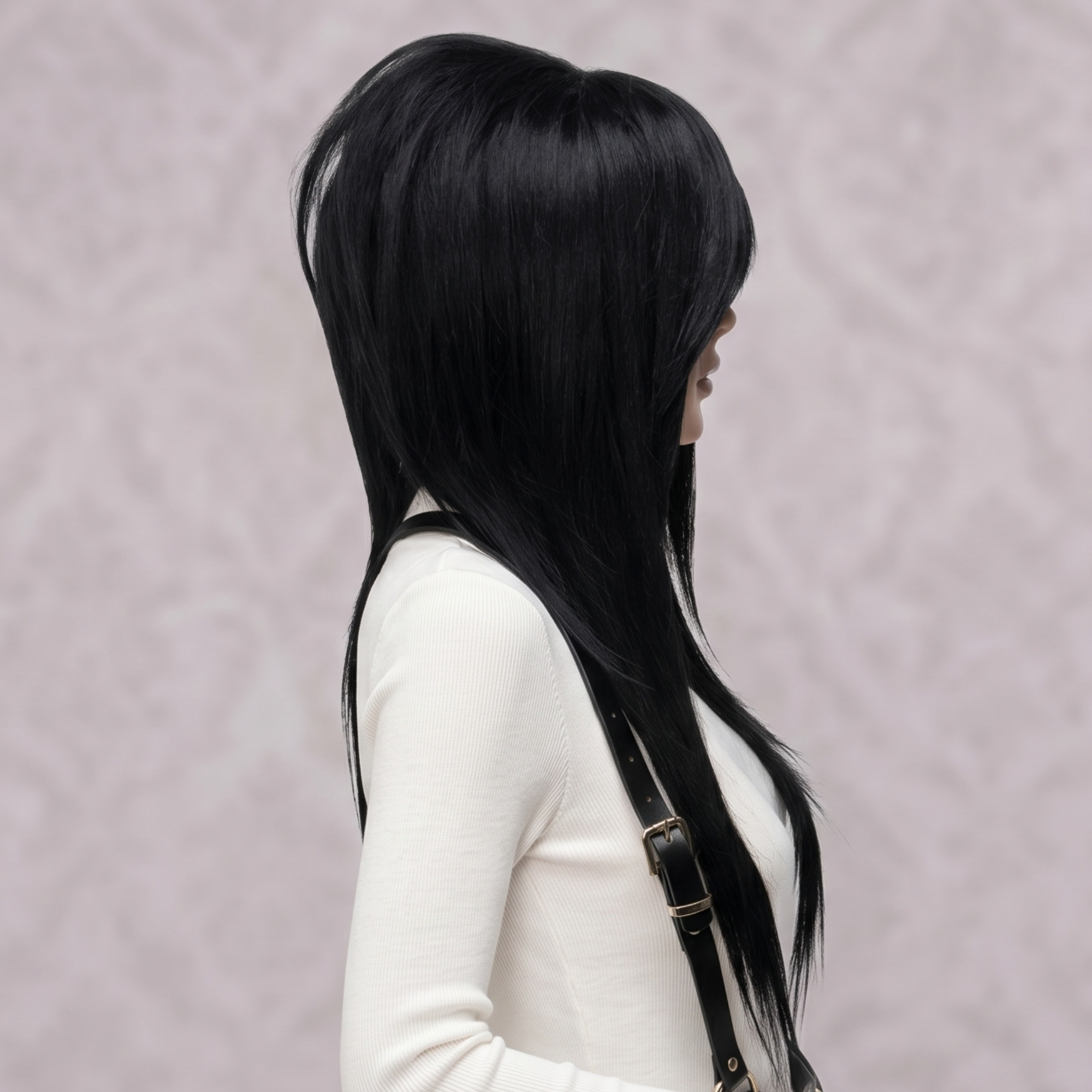 Side profile of a black long layered emo wig with side bangs and sleek straight synthetic hair.