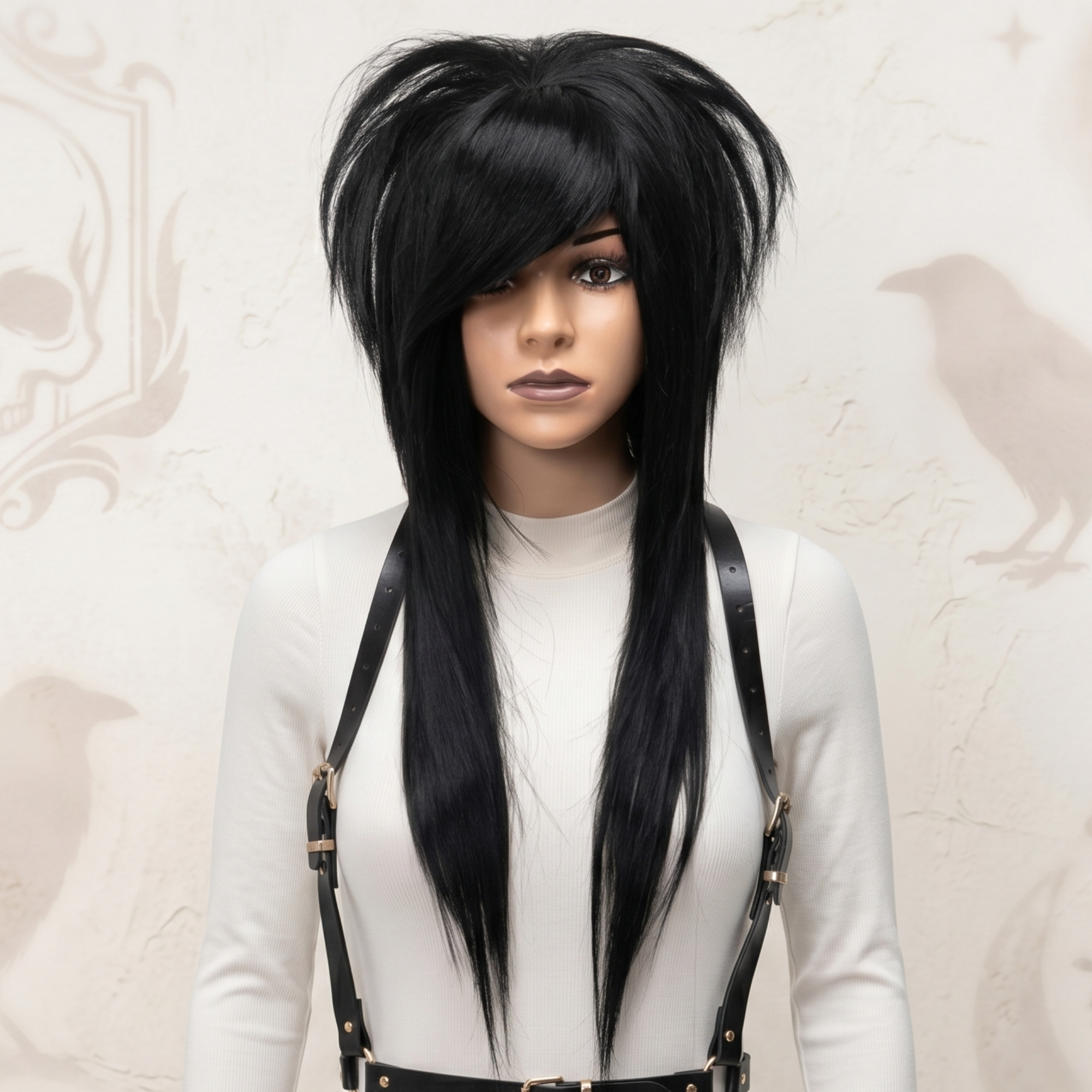 Black long layered scene wig with dramatic side bangs, displayed on a mannequin from the front.
