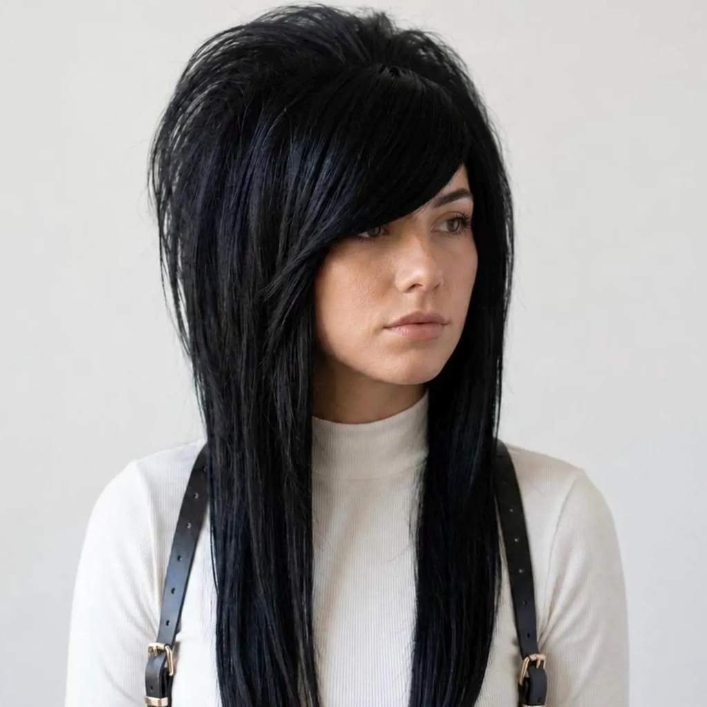 Black emo scene wig with side-swept bangs and long layered synthetic hair, shown on a model from the front.