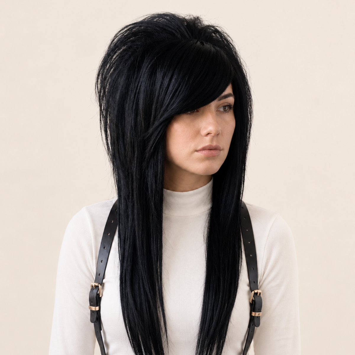 Black emo scene wig with side-swept bangs and long layered synthetic hair, shown on a model from the front.
