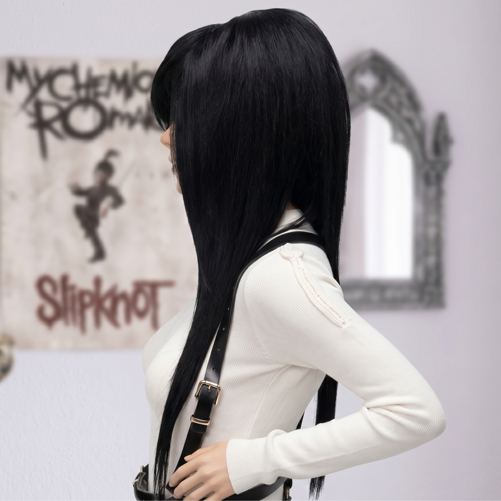 Side view of a black goth scene wig with long layered hair, full volume and smooth straight texture.
