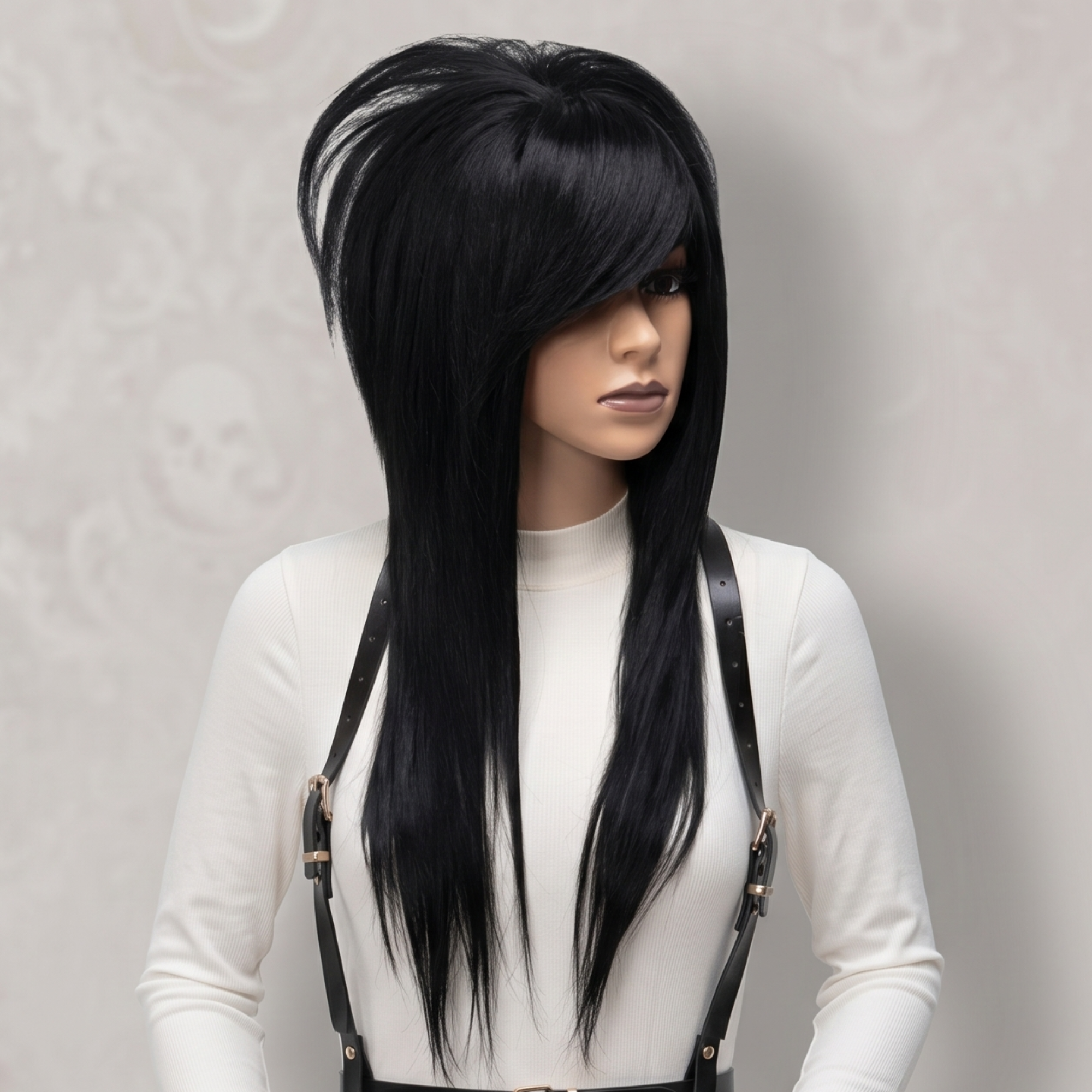 Angled view of a black emo scene wig with side-swept bangs, long layers and a full alternative hairstyle.