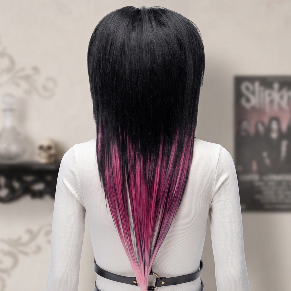 Back view of black wig with pink highlights showing layered tapered length and smooth synthetic fibre.