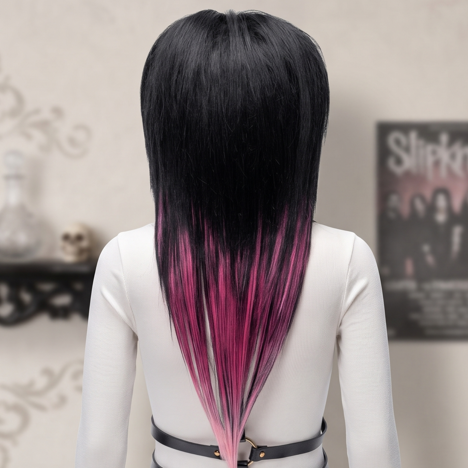 Back view of black wig with pink highlights showing layered tapered length and smooth synthetic fibre.