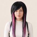 Black and pink emo scene wig with side-swept bangs, long layered front pieces and soft pastel pink highlights worn on a model.