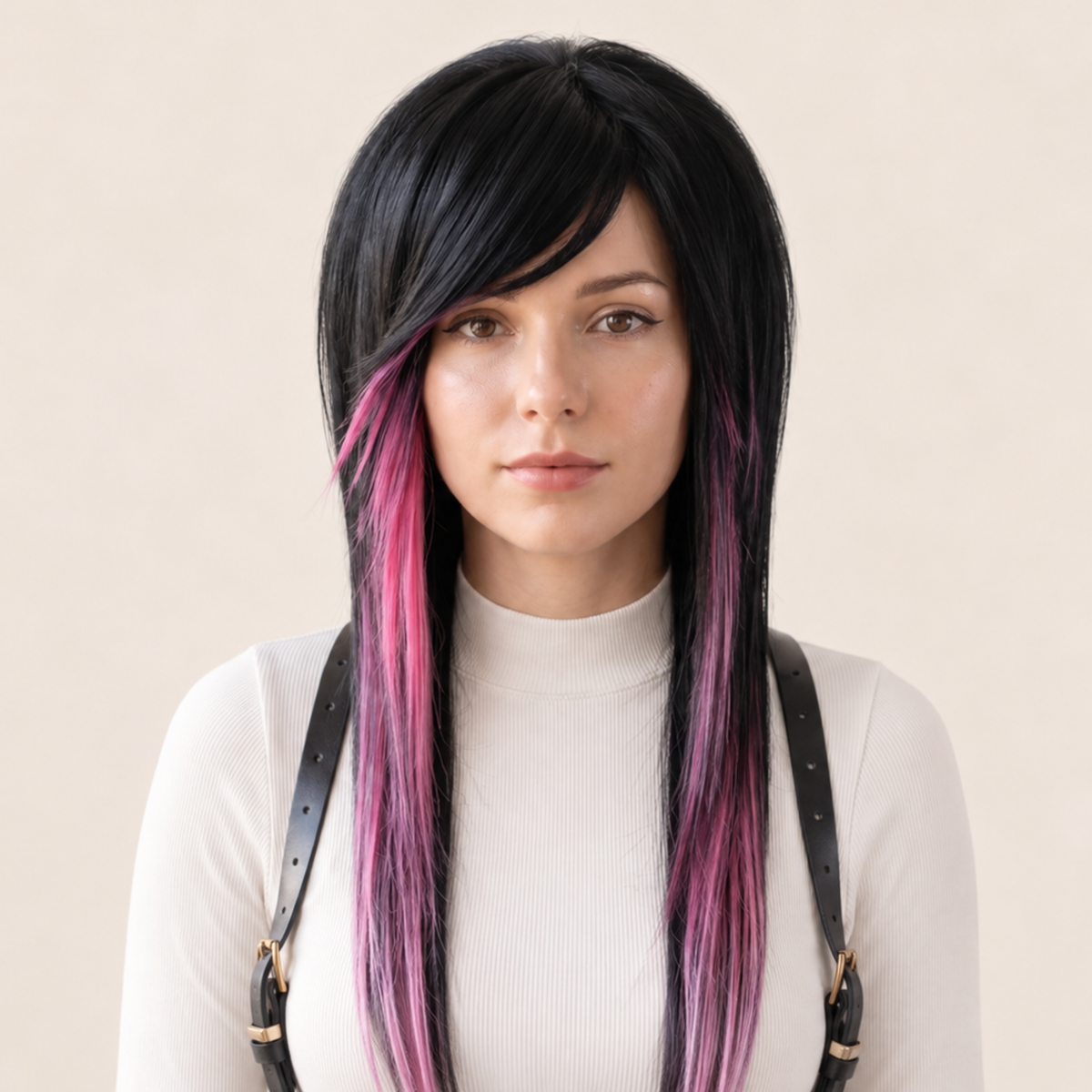 Black and pink emo scene wig with side-swept bangs, long layered front pieces and soft pastel pink highlights worn on a model.