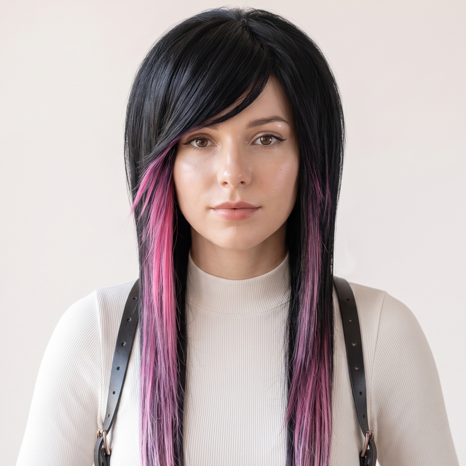 Black and pink emo scene wig with side-swept bangs, long layered front pieces and soft pastel pink highlights worn on a model.