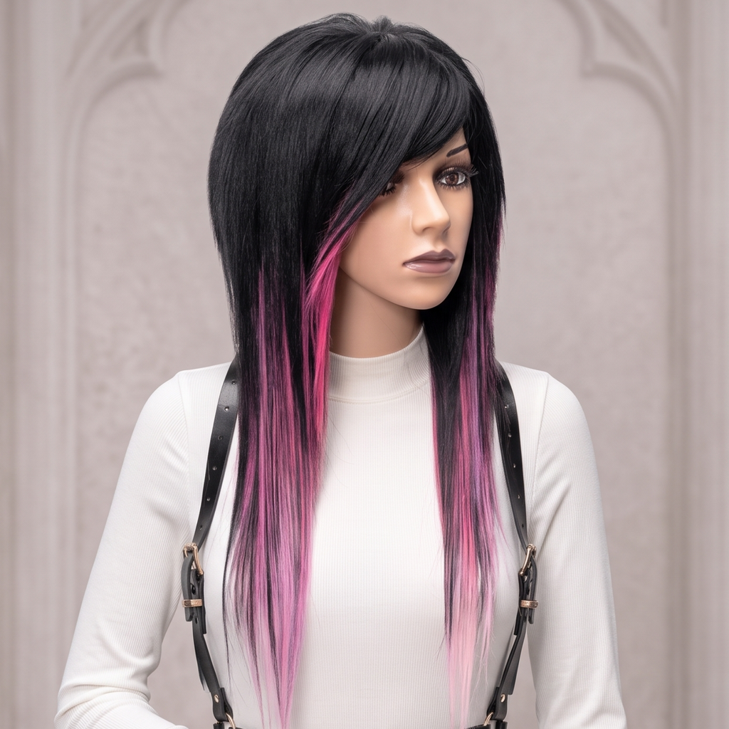 Mannequin wearing black and pink emo wig with voluminous crown, long layered sides and bright pink highlight streaks.