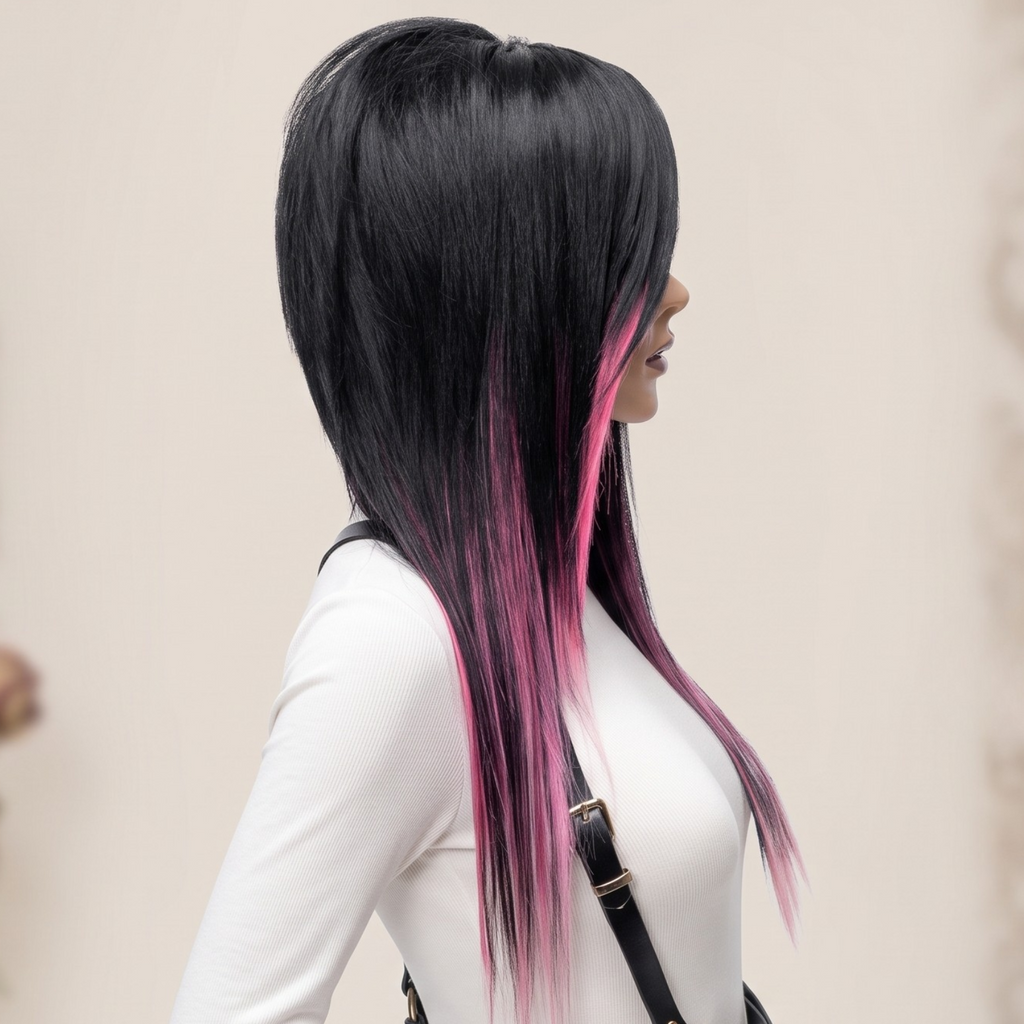 Opposite side view of black and pink layered wig with long face-framing pieces and pastel goth alternative style.