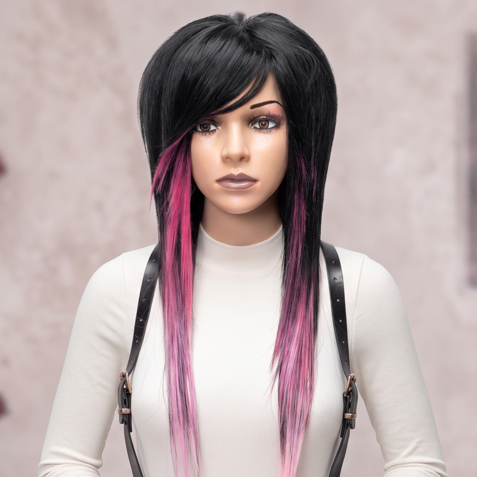 Front view of black and pink pastel goth wig with side bangs, smooth layered cut and long pink front sections.