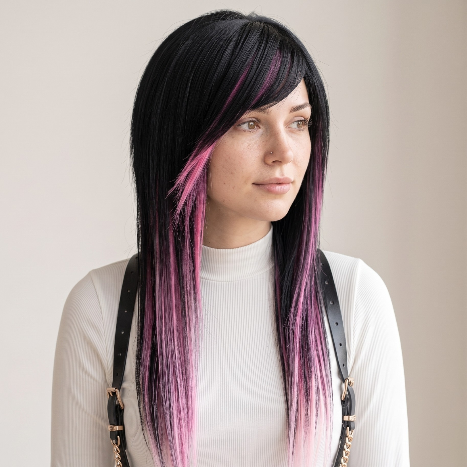 Side angle of black pink scene wig with layered shag cut, side fringe, pink highlight sections and alternative emo styling.