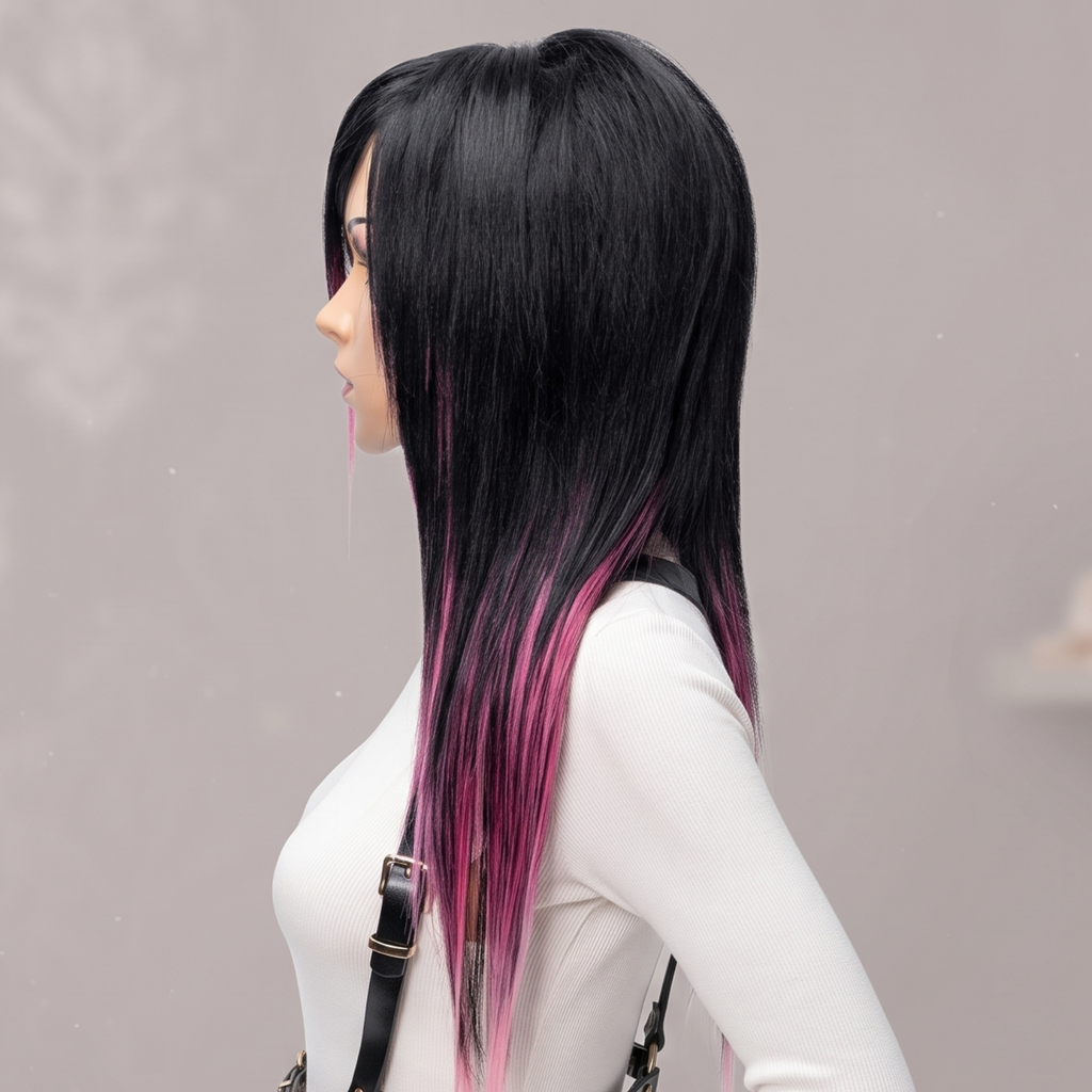 Side profile of black pink scene wig showing layered length, soft pink highlights and straight synthetic hair texture.