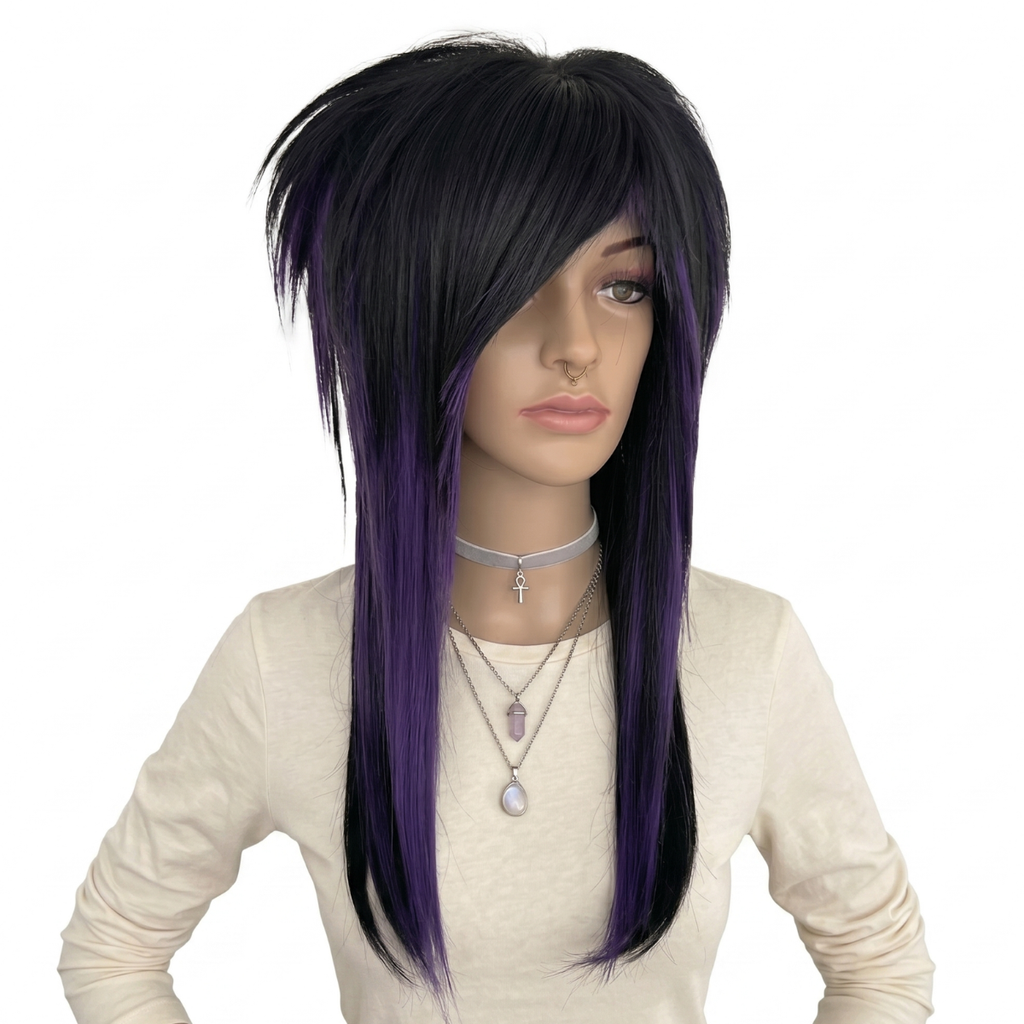 Front angle of emo scene wig featuring black and dark purple synthetic hair with long layers, side fringe bangs, and full volume, suitable as a fashionable chemo wig, handmade for women or men who love punk, goth, or visual kei style.