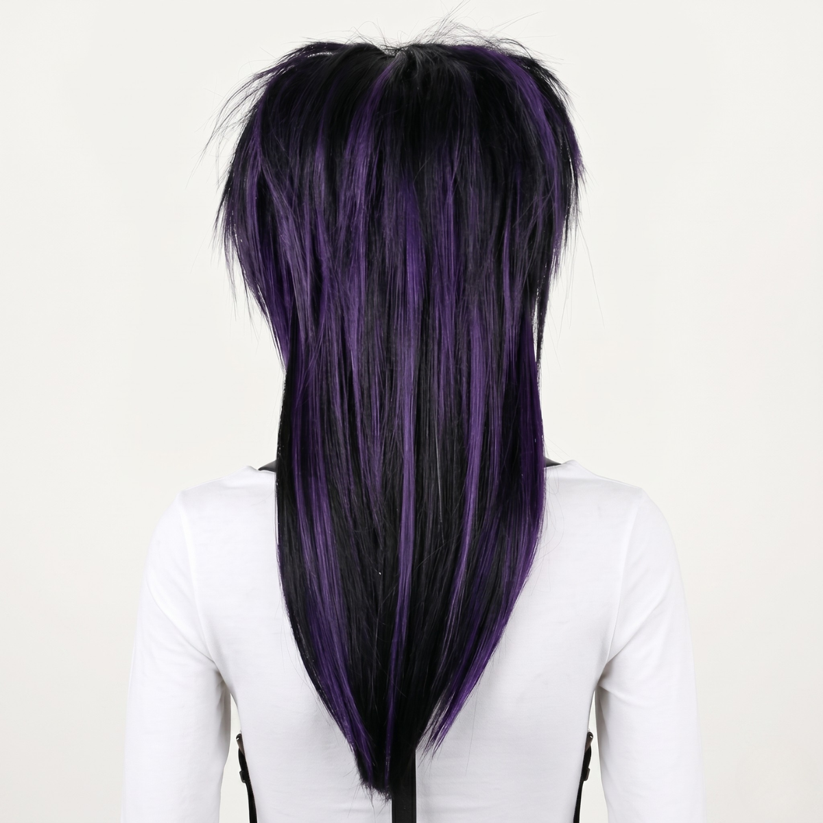 Back view of long layered wig in black and dark purple, showcasing thick density and full 360 coverage, heat-resistant synthetic wig perfect for cosplay, gothic fashion, chemo, or hair loss; handmade and custom styled for an authentic scene or emo aesthetic.