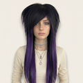 Front angle of  model wearing a emo scene wig featuring black and dark purple synthetic hair with long layers, side fringe bangs, and full volume, suitable as a fashionable chemo wig, handmade for women or men who love punk, goth, or visual kei style.