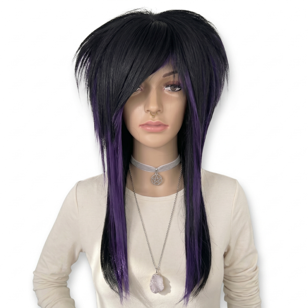 Front angle of  emo scene wig featuring black and dark purple synthetic hair with long layers, side fringe bangs, and full volume, suitable as a fashionable chemo wig, handmade for women or men who love punk, goth, or visual kei style.