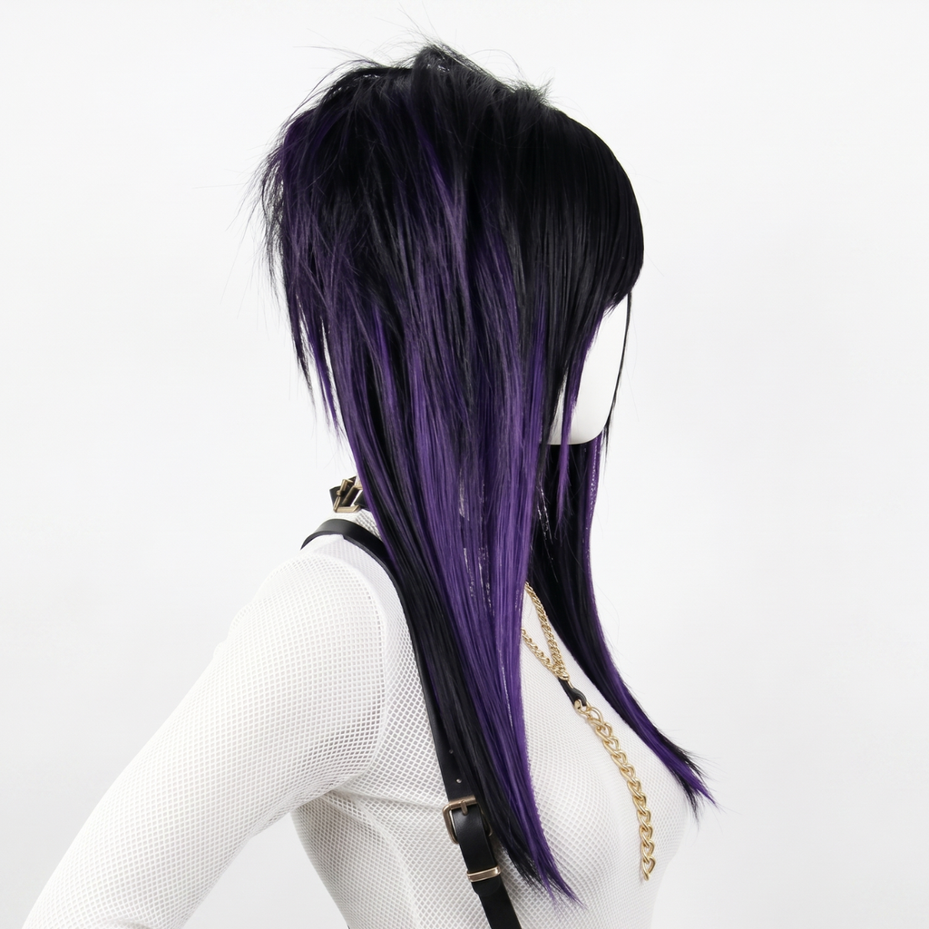 Right side profile of long black straight wig with dark purple highlights, layered shaggy cut and fringe bangs, ideal for cosplay, gothic looks, or everyday emo scene style, heat-resistant and professionally styled synthetic hair for a bold alternative look.