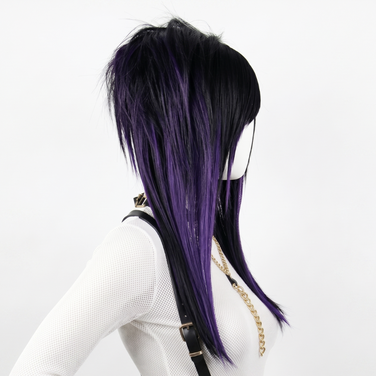 Right side profile of long black straight wig with dark purple highlights, layered shaggy cut and fringe bangs, ideal for cosplay, gothic looks, or everyday emo scene style, heat-resistant and professionally styled synthetic hair for a bold alternative look.