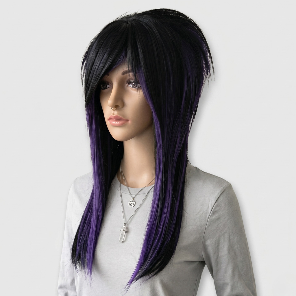 Front angle of emo scene wig featuring black and dark purple synthetic hair with long layers, side fringe bangs, and full volume, suitable as a fashionable chemo wig, handmade for women or men who love punk, goth, or visual kei style.