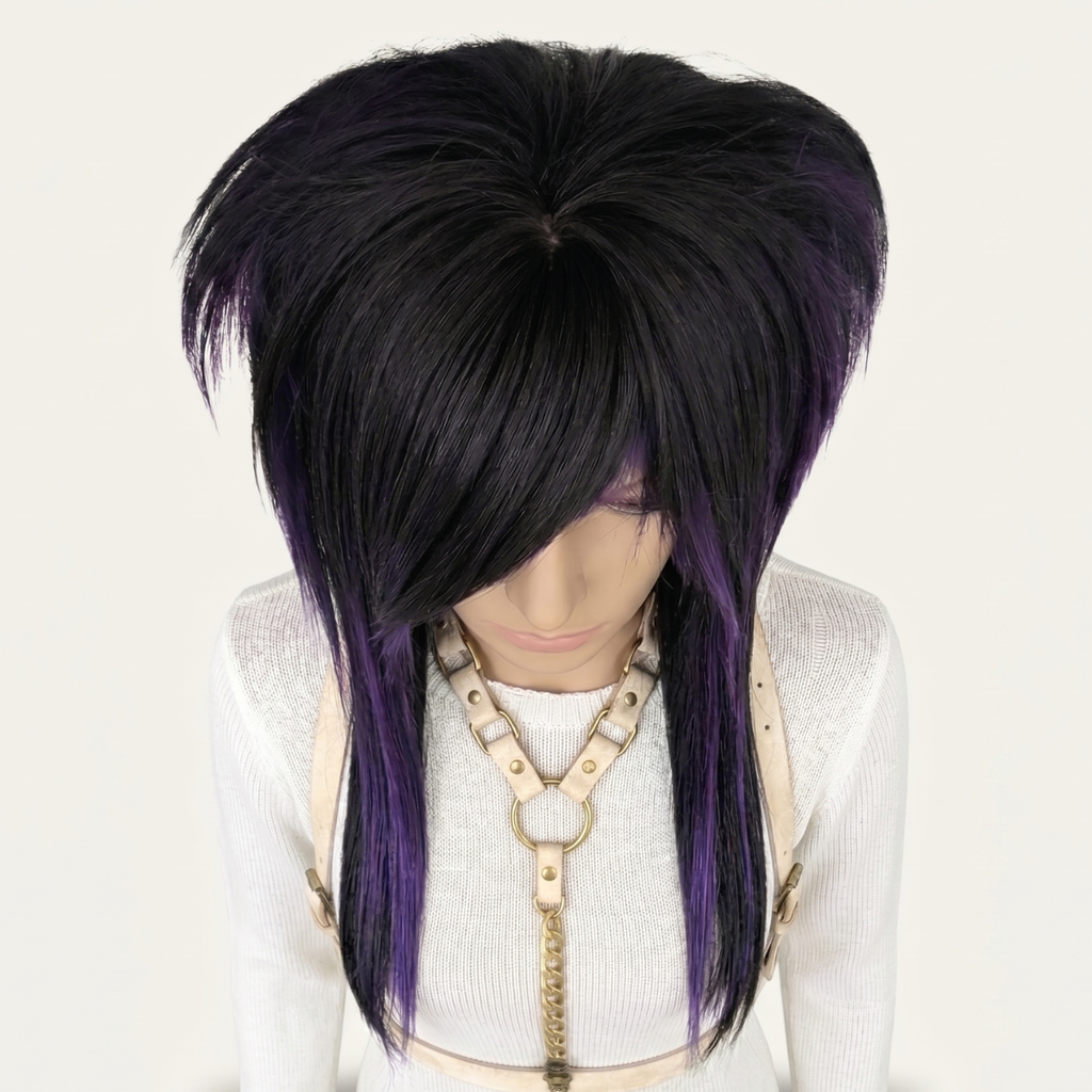 Close-up view of handmade custom emo wig in black and dark purple, long straight synthetic wig with layered cut and side-swept bangs, heat-resistant and styled for cosplay, gothic fashion, scene hair, or hair loss support, perfect for chemo wig users and alternative fashion lovers.