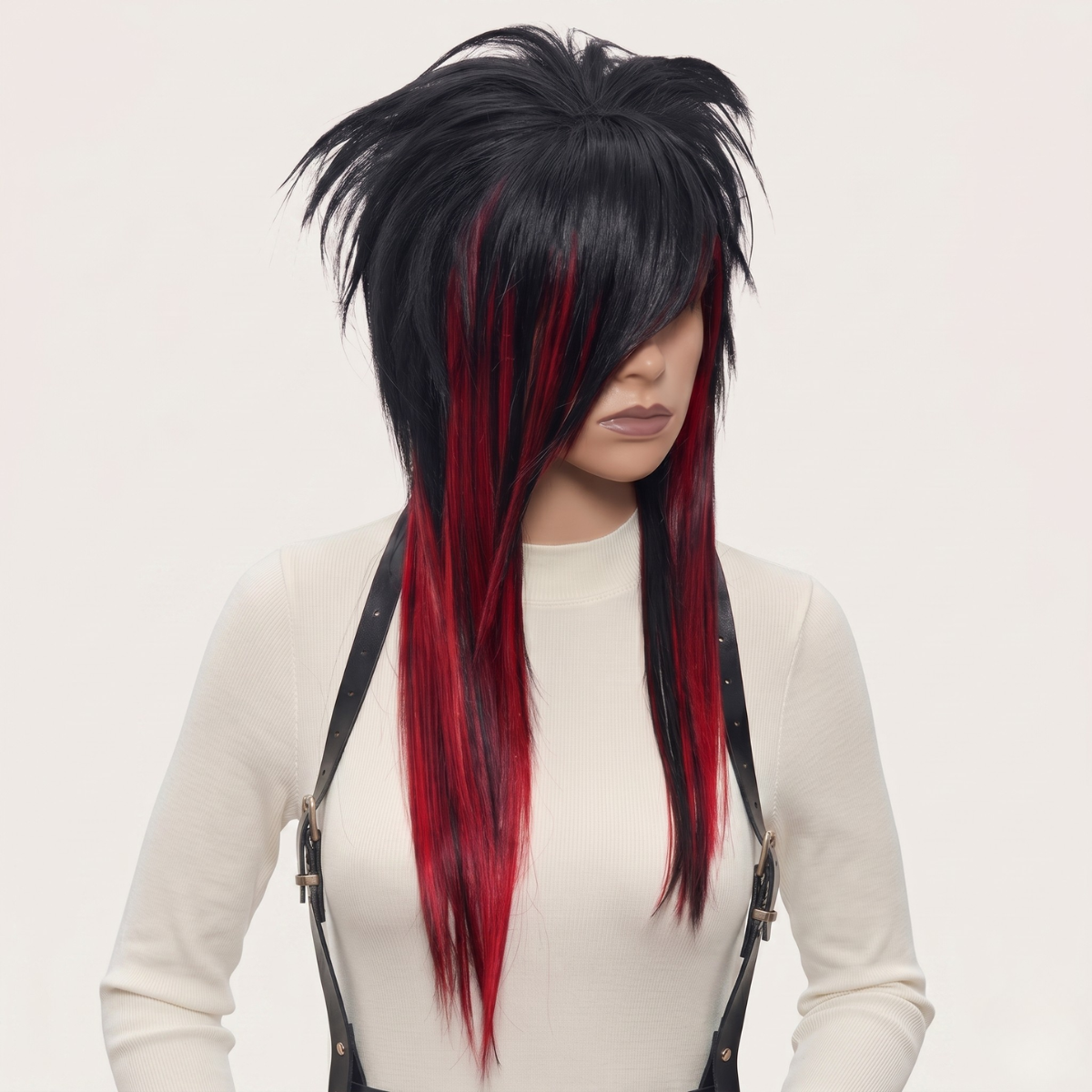 Emo scene hairstyle wig in black and deep red, side angle showing layered spiky texture with full bangs, long heat-resistant synthetic wig for cosplay, gothic fashion, punk rocker aesthetic, handcrafted alternative wig, custom styled wig for emo look, suitable for festivals or everyday style.