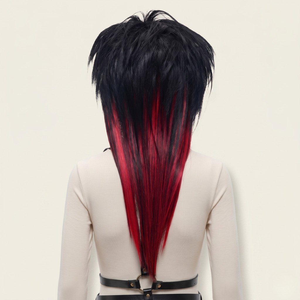Back view of long black and red emo wig with spiky shaggy layers, alternative gothic hairstyle, cosplay-ready heat-resistant synthetic fibers, full coverage fashion wig, scene hair aesthetic, unisex wig handmade for alternative fashion lovers, suitable for hair loss, cosplay, or daily use.