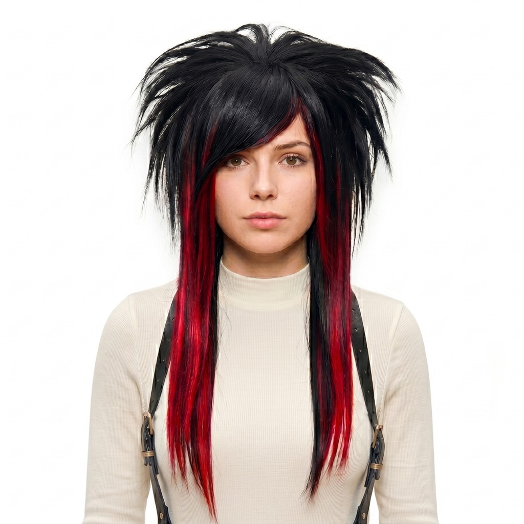 Profile image of model is wearing a emo scene hairstyle wig in black and deep red, showing layered spiky texture with full bangs, long heat-resistant synthetic wig for cosplay, gothic fashion, punk rocker aesthetic, handcrafted alternative wig, custom styled wig for emo look, suitable for festivals or everyday style.