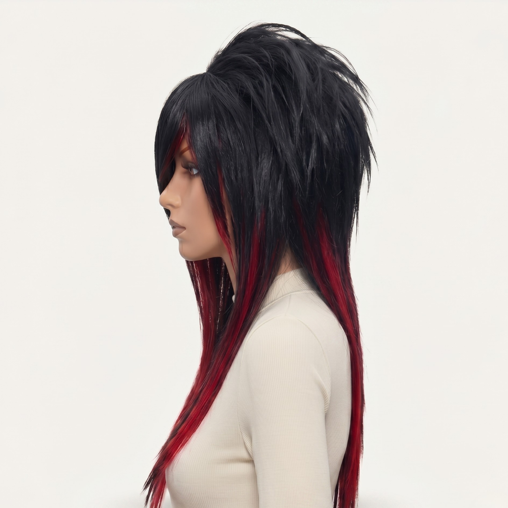 Left side view of long black and red emo wig with spiky shaggy layers, alternative gothic hairstyle, cosplay-ready heat-resistant synthetic fibers, full coverage fashion wig, scene hair aesthetic, unisex wig handmade for alternative fashion lovers, suitable for hair loss, cosplay, or daily use.