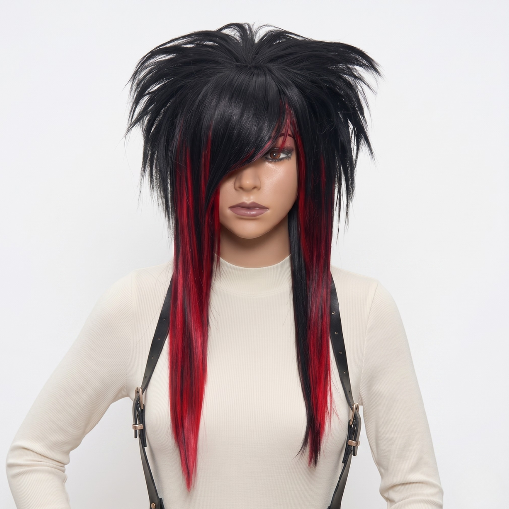 Black and red emo scene wig with long layered synthetic fibers, styled with straight bangs, gothic alternative hairstyle, heat-resistant cosplay wig, handcrafted unisex wig for punk fashion, handmade wig for goth look, suitable for men and women, wig for hair loss or fashion styling.