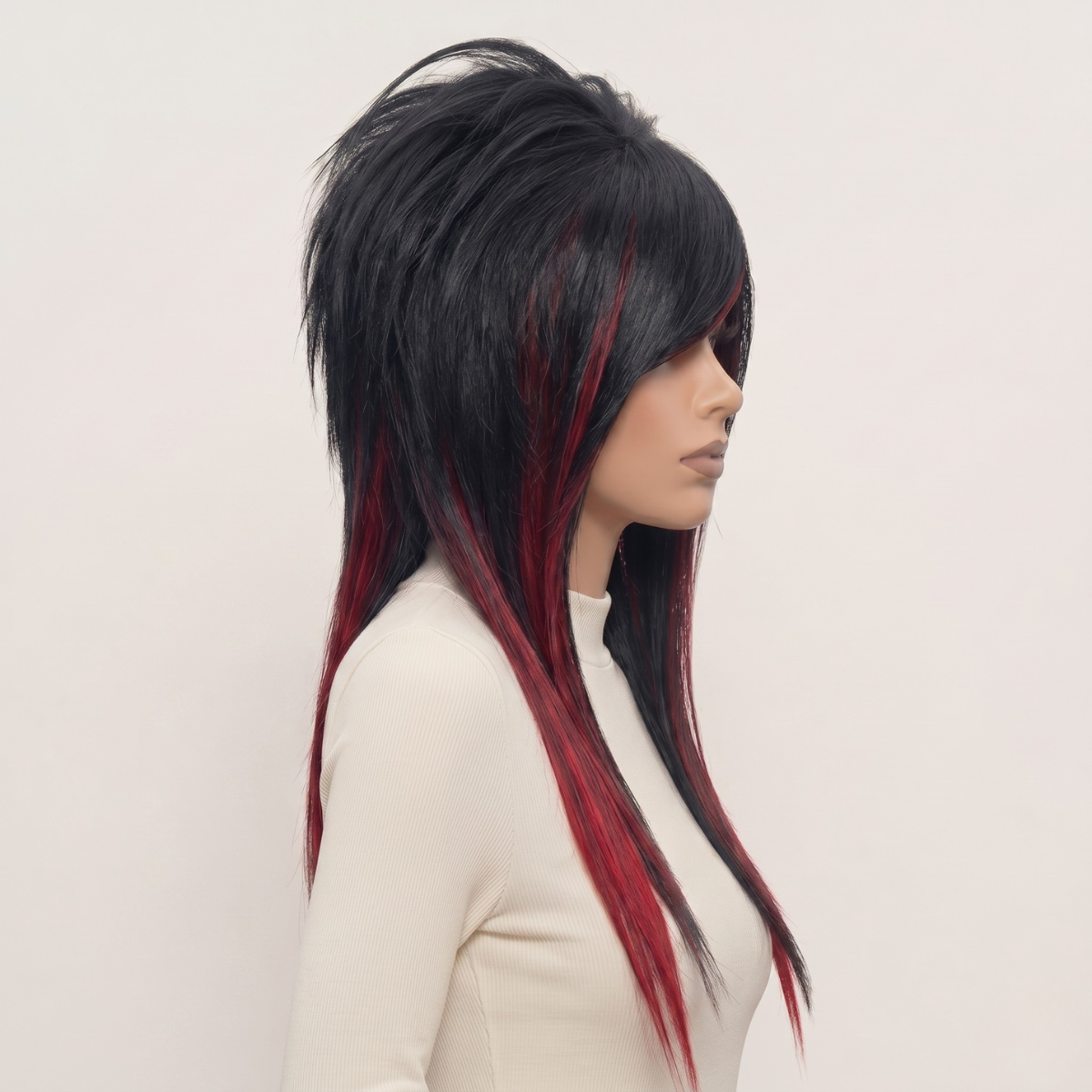 Right side view of long black and red emo wig with spiky shaggy layers, alternative gothic hairstyle, cosplay-ready heat-resistant synthetic fibers, full coverage fashion wig, scene hair aesthetic, unisex wig handmade for alternative fashion lovers, suitable for hair loss, cosplay, or daily use.
