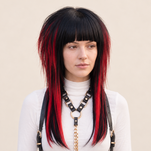 A person wearing a long, straight, shoulder-length wig with a black top section and bright red underlayer strands, styled with blunt bangs. The person is also wearing a white turtleneck, a black leather harness-style collar with gold-tone hardware, and a gold chain necklace, set against a plain beige background.