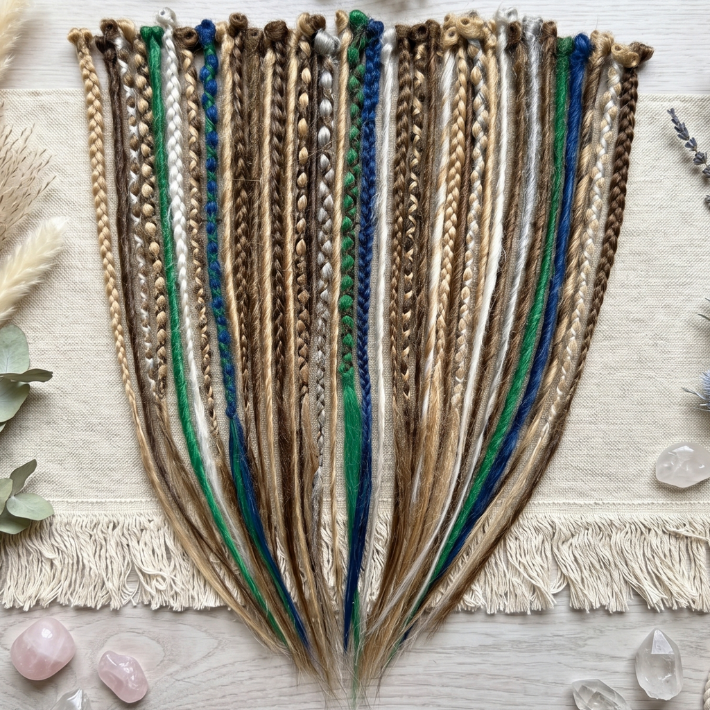 Handmade blonde, brown, blue and green dreadlock extensions displayed in a boho flat lay with loose ends, ideal for festival or hippie style.
